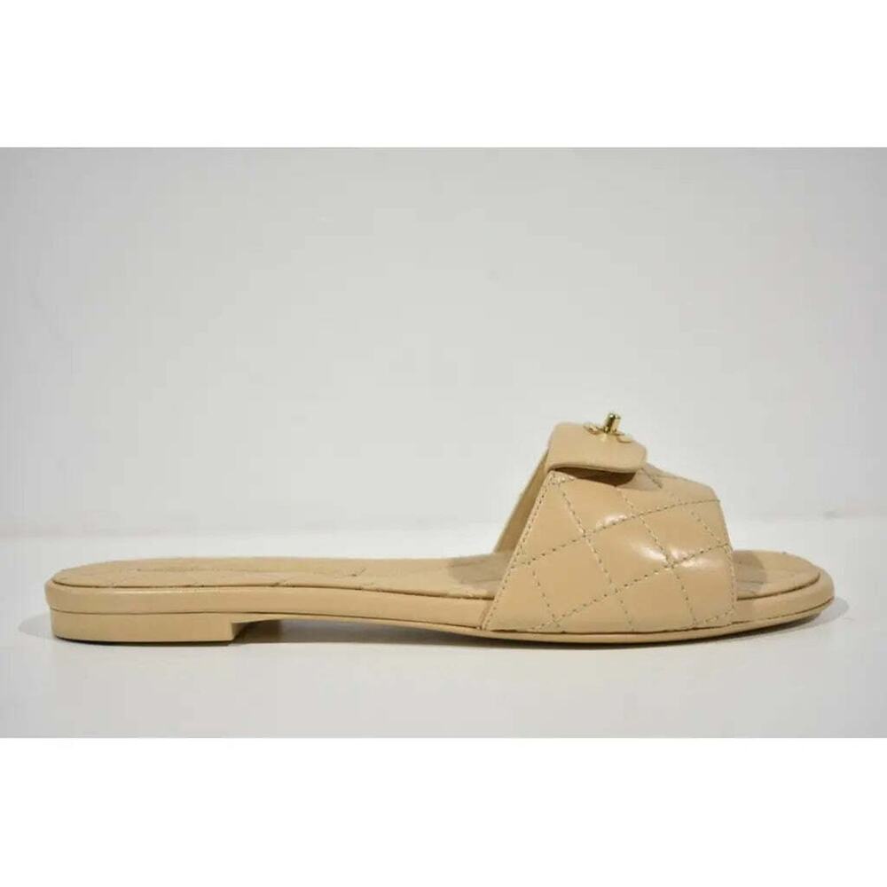 Chanel REV Beige Turnlock Quilted Gold CC Logo Mules Slide Sandal Flop Flat 35 - Picture 2 of 12